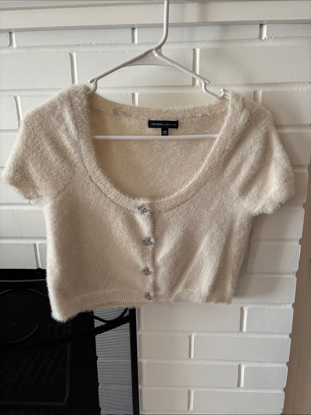 Kendall & Kylie Cream Fuzzy Crop Button-Front Top with Gem Buttons